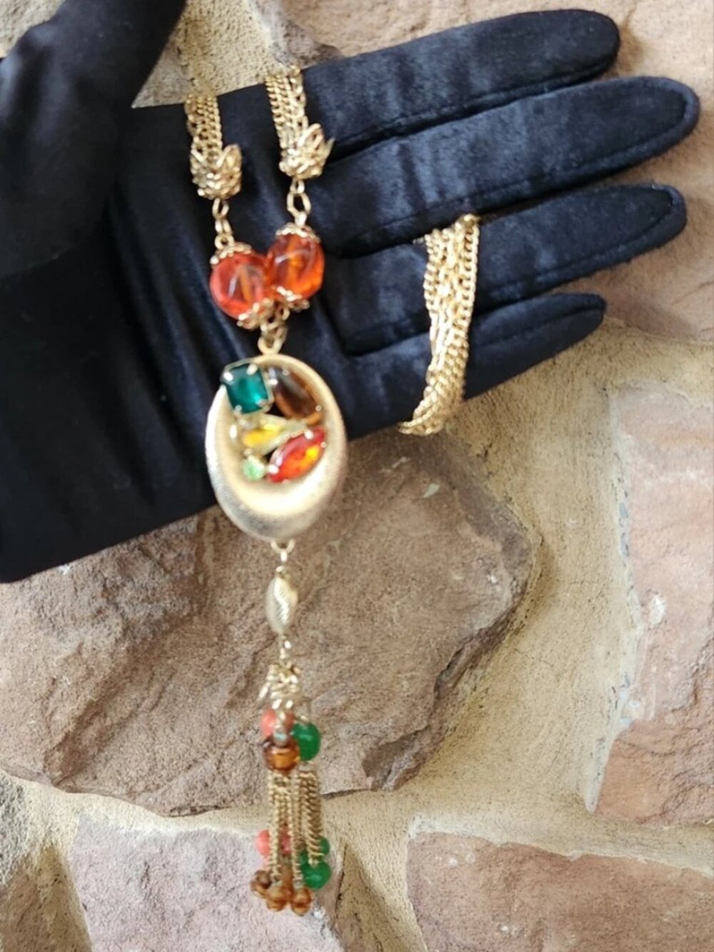 Vtg Statement Necklace Gold Tone Multi Chain & Colored Rhinestone Beaded Tassel - Picture 2 of 16